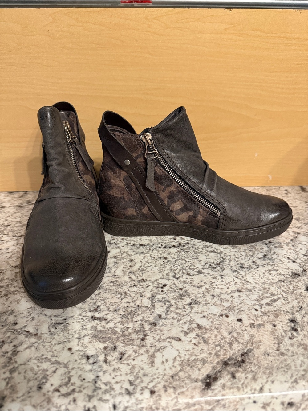 Never worn. Miz Mooz leather and camo suede "hi top" sneaker bootie